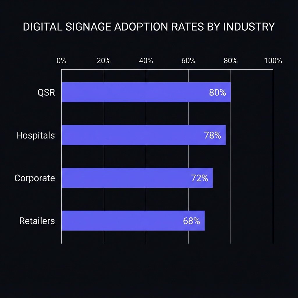 Digital signage industry adoption rates: 80% QSR, 78% healthcare, 72% corporate