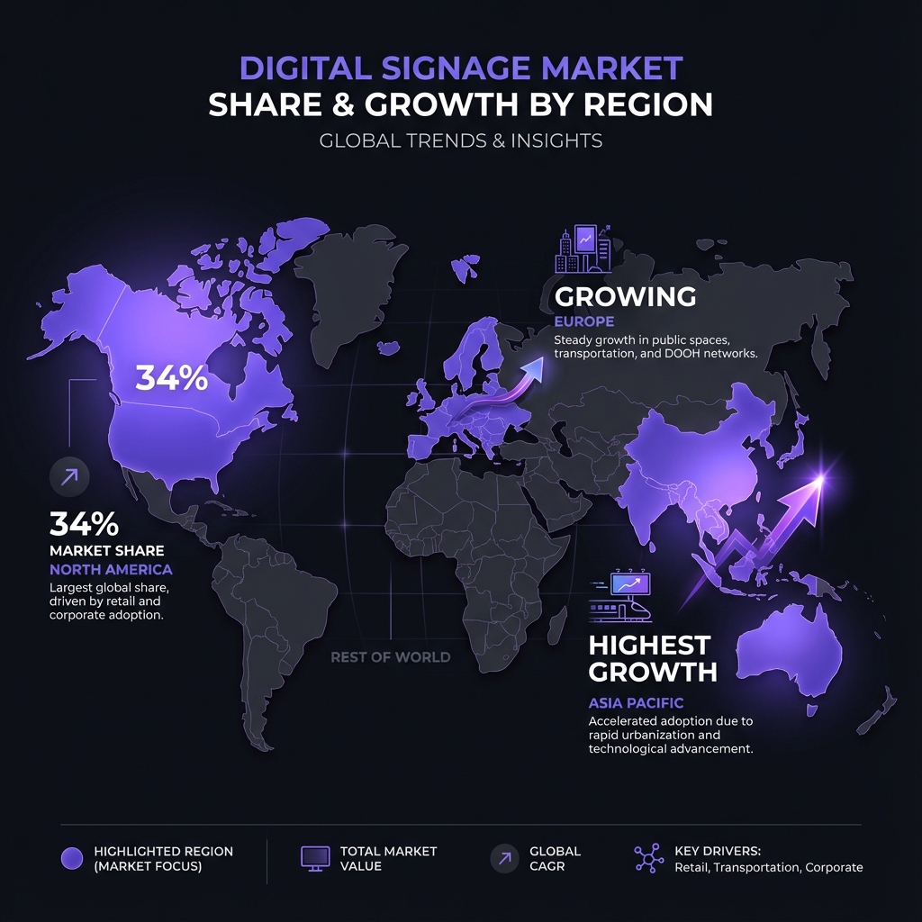 Digital signage market regional distribution: US $9.07B, North America 34% share, Asia-Pacific 8.5% CAGR