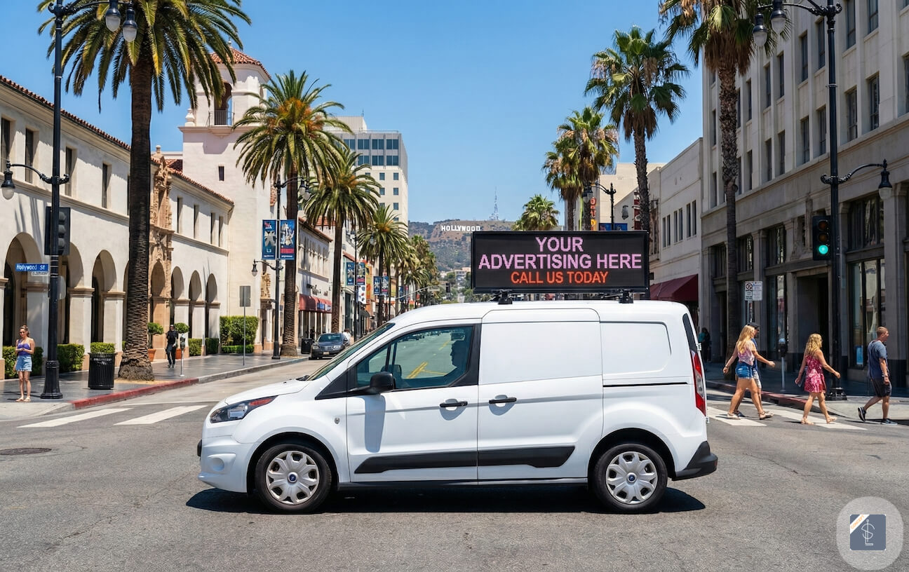 Rooftop LED advertising vehicle on a premium city street