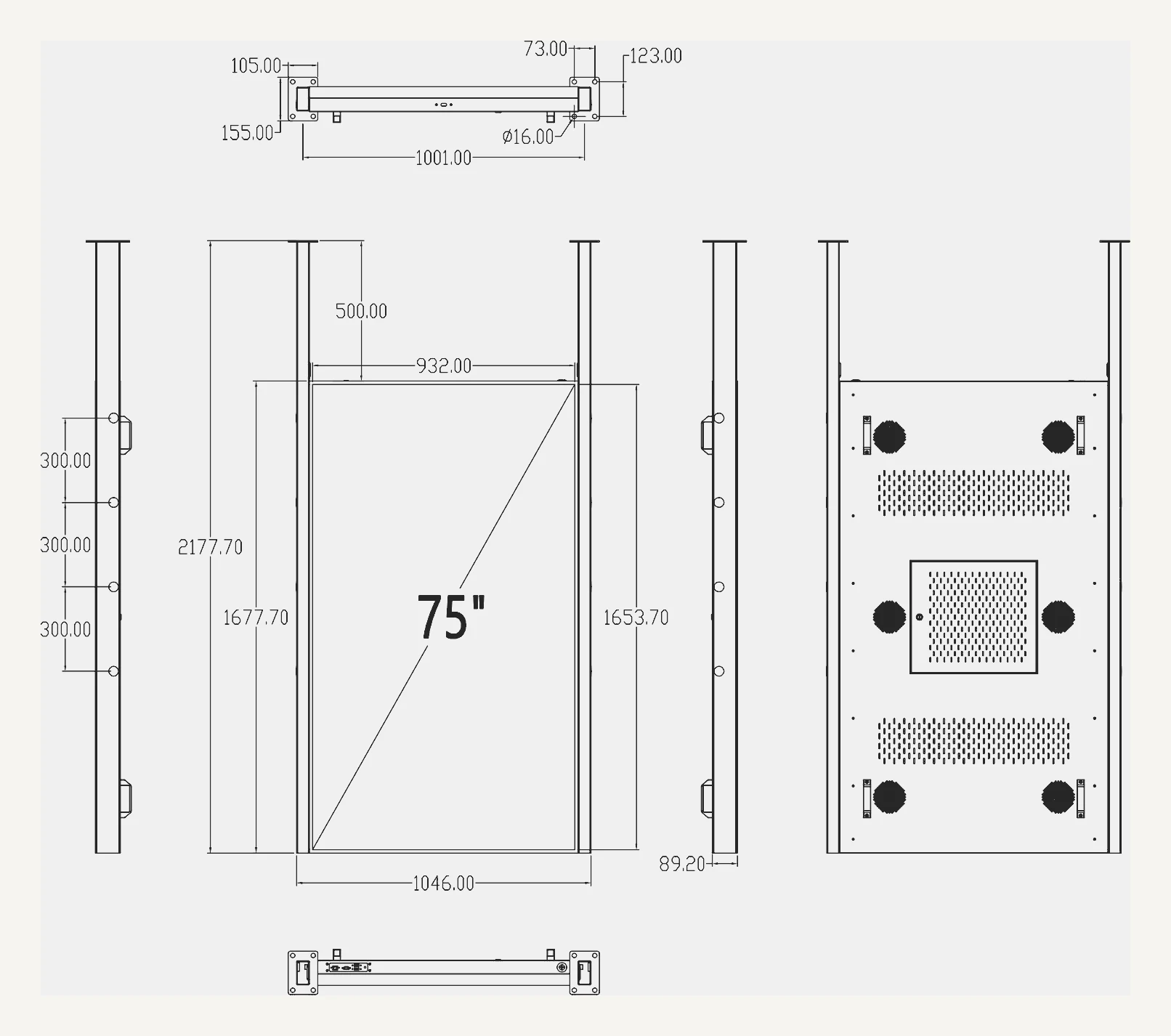 Manufacturer's assembly drawing of the 75-inch window display shown from five angles: the bracket from above with rails 1001 mm apart, a side view with four anchor holes at 300 mm spacing, the front elevation giving 2177.7 mm overall height and a 500 mm gap below the screen, an edge view showing 89.2 mm depth, and the rear panel with its vents and fans.